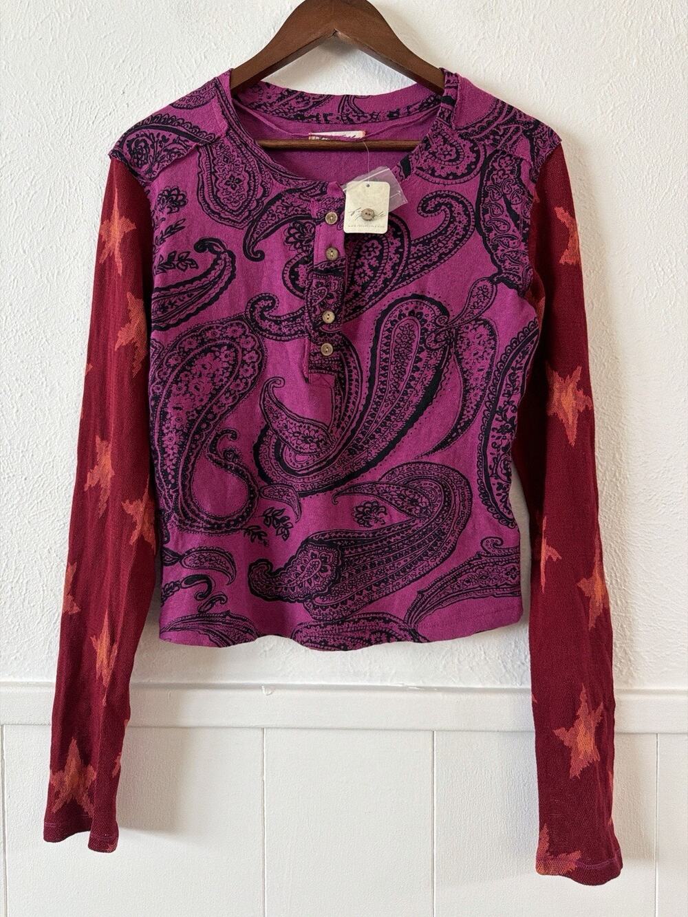 Free People We The Free Paisley Star Print Henley Long Sleeve Top L NWT Boho - Picture 1 of 8